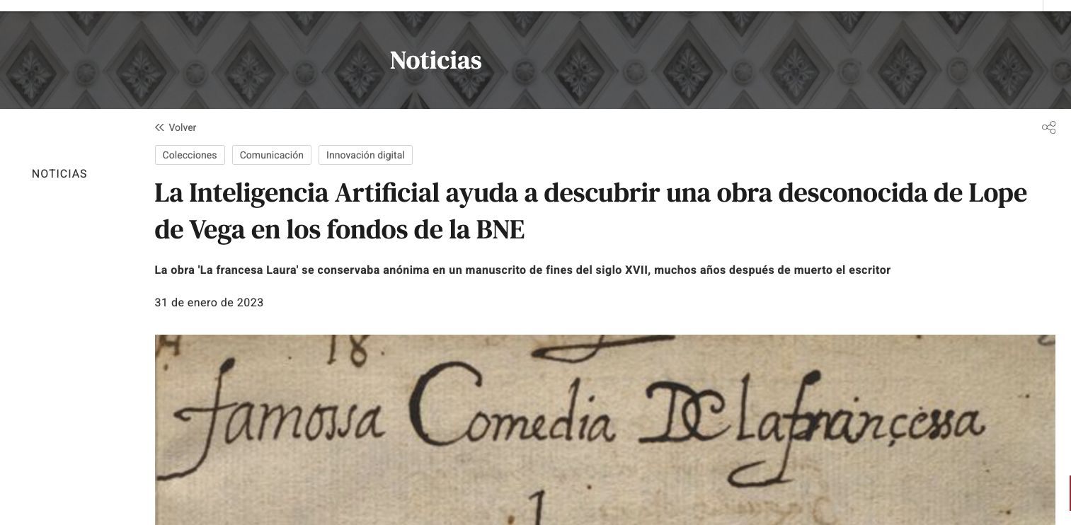Artificial Intelligence Helps Discover an Unknown Play by Lope de Vega in the Holdings of the BNE