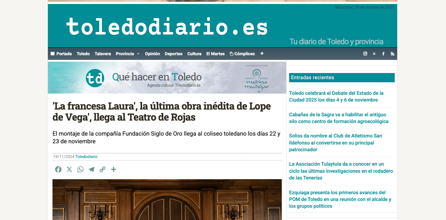 'La Francesa Laura', the Latest Unpublished Play by Lope de Vega, Arrives at Teatro de Rojas