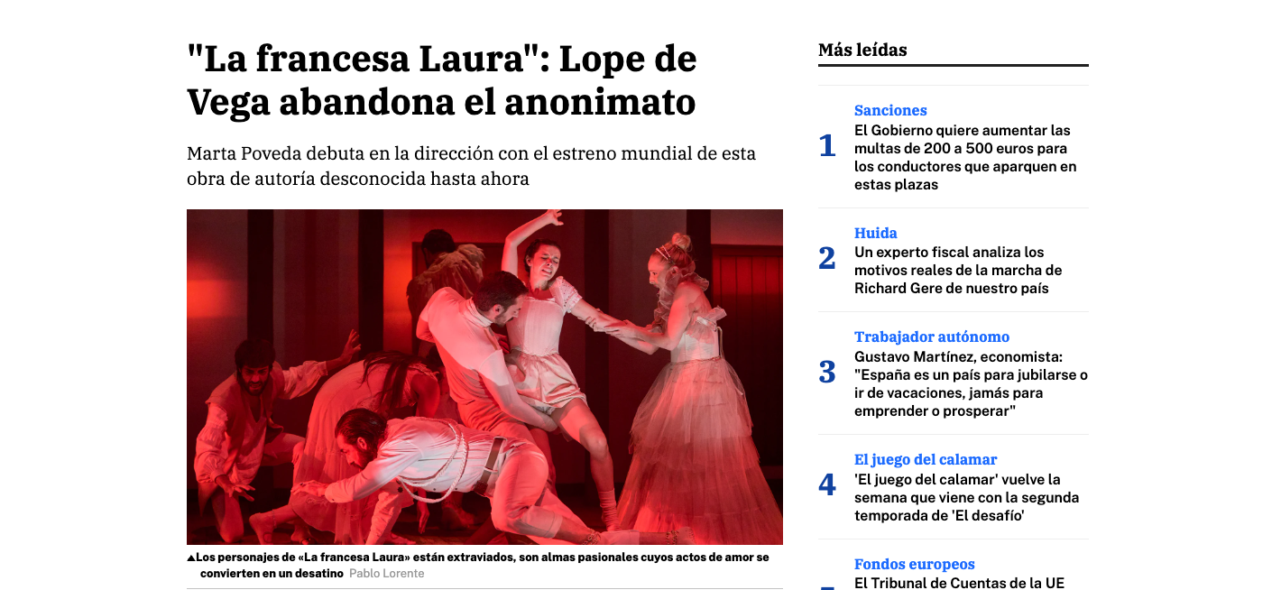 Lope de Vega’s Unpublished Play 'La Francesa Laura' Arrives at Toledo’s Teatro de Rojas This Weekend