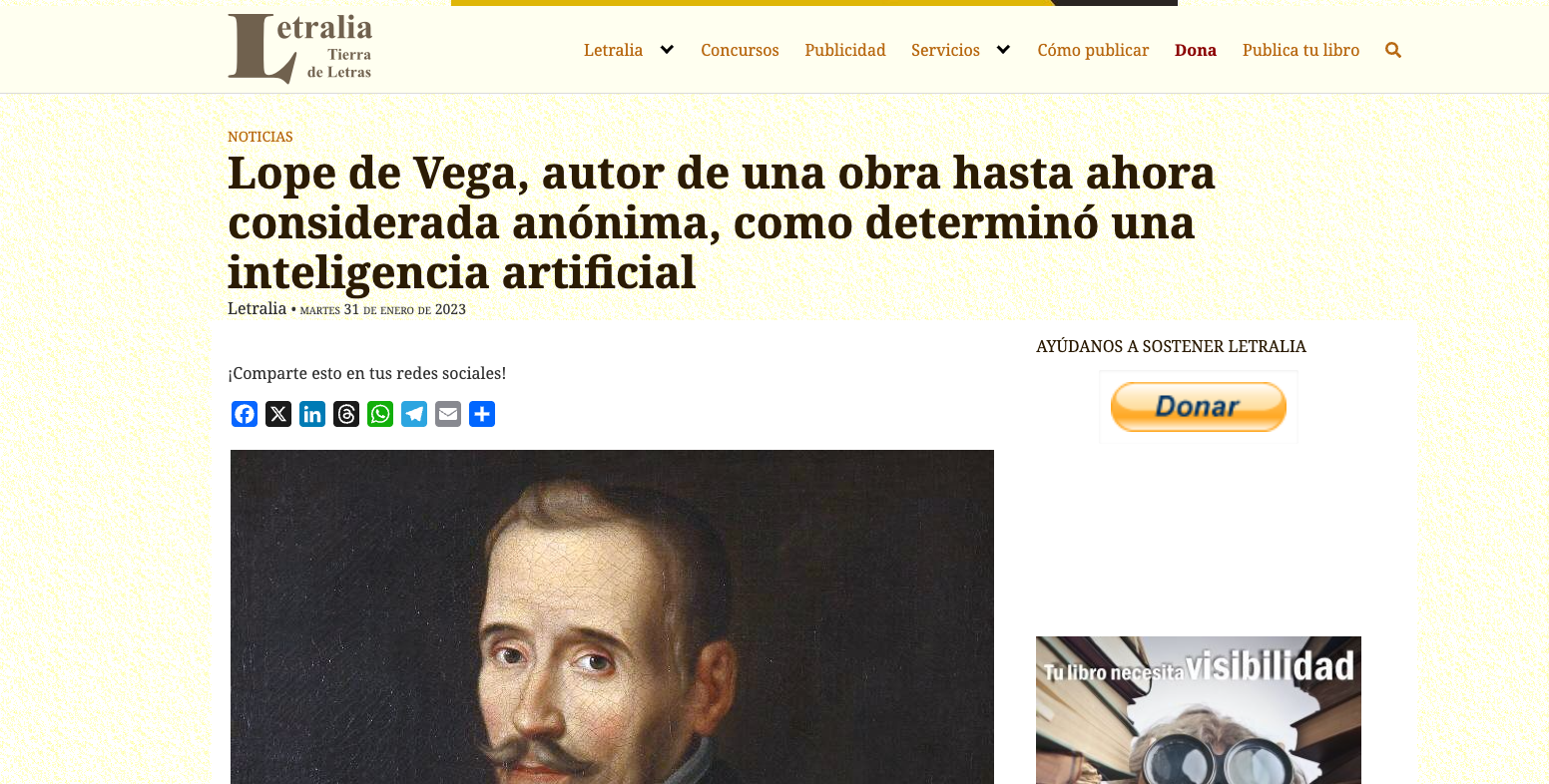 Lope de Vega, Author of a Previously Anonymous Play, as Determined by Artificial Intelligence