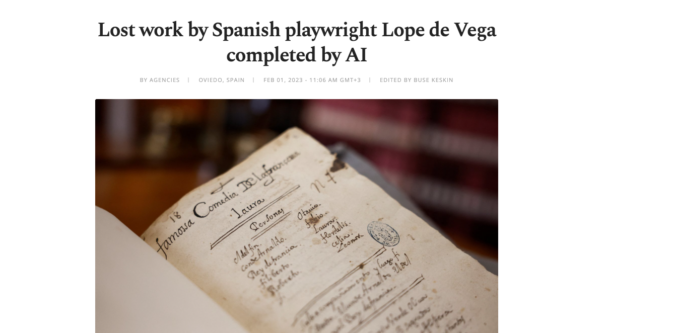 Lost work by Spanish playwright Lope de Vega completed by AI