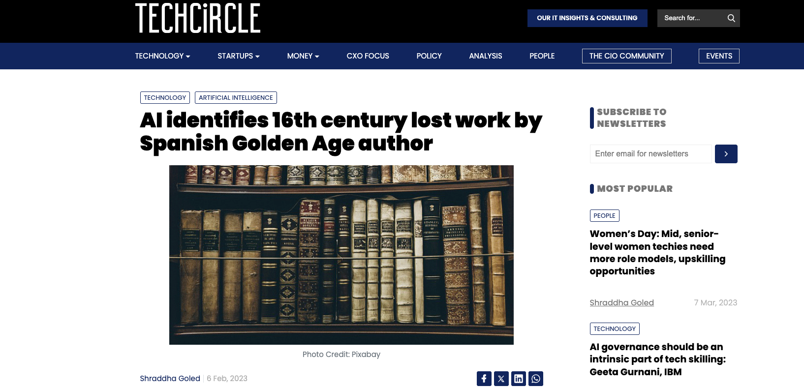 AI identifies 16th century lost work by Spanish Golden Age author