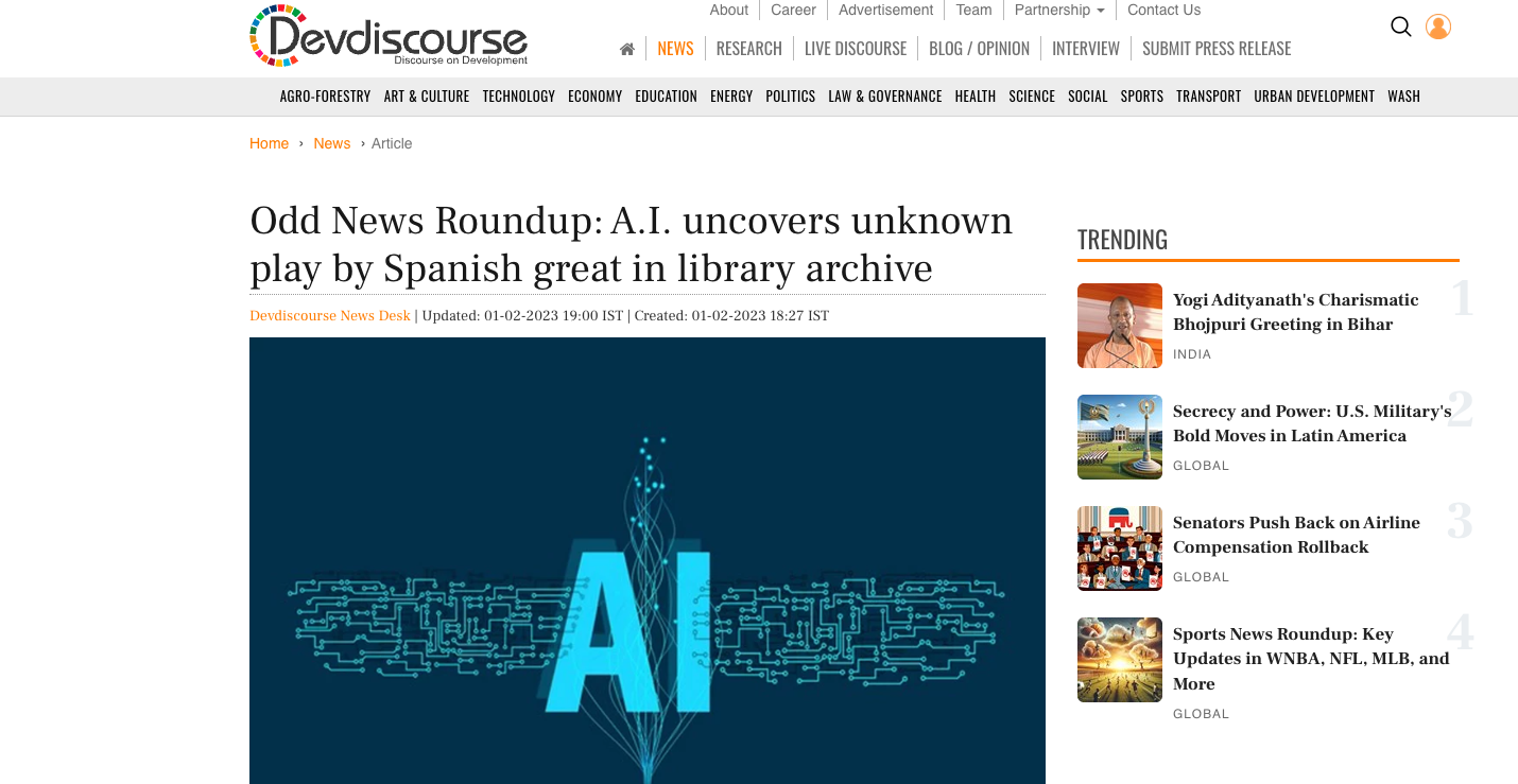 Odd News Roundup: A.I. uncovers unknown play by Spanish great in library archive