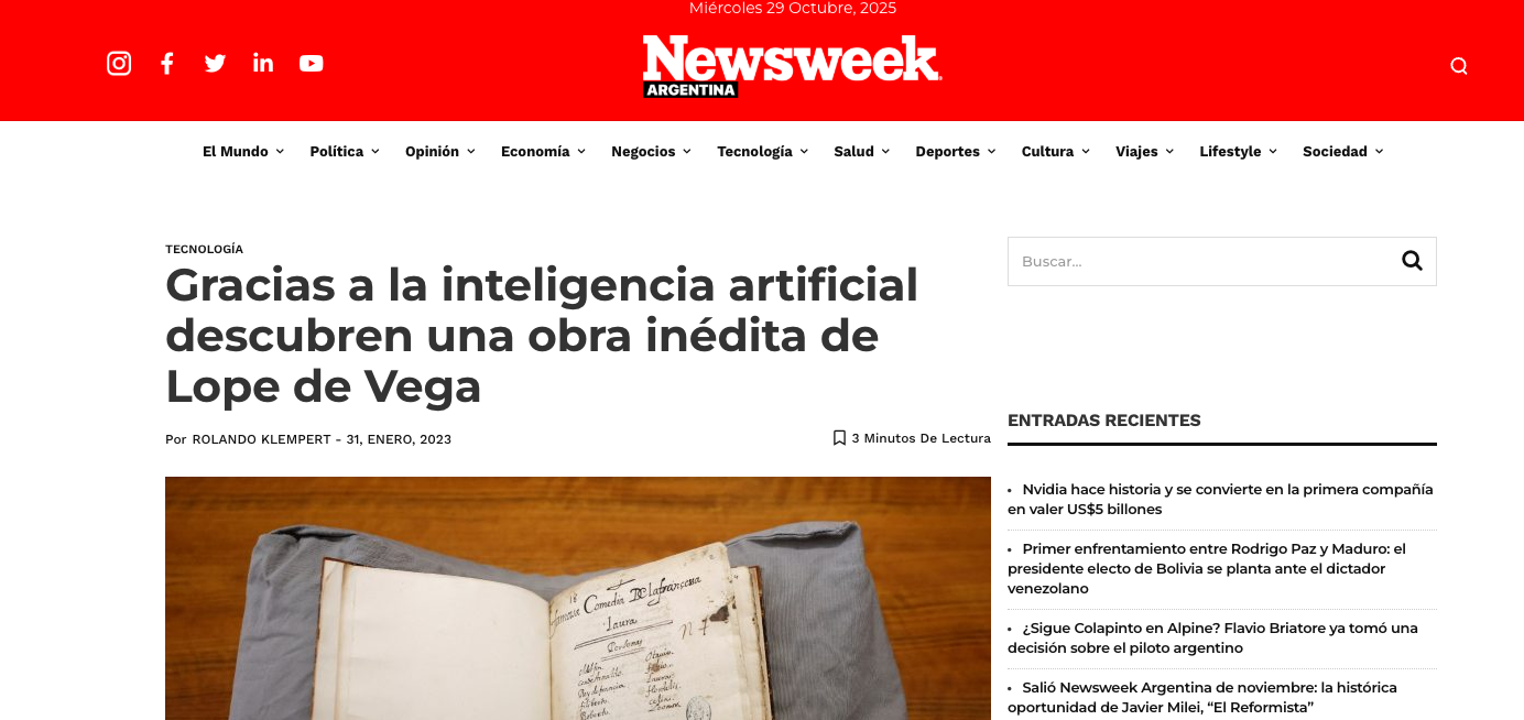Artificial Intelligence Leads to the Discovery of an Unpublished Play by Lope de Vega