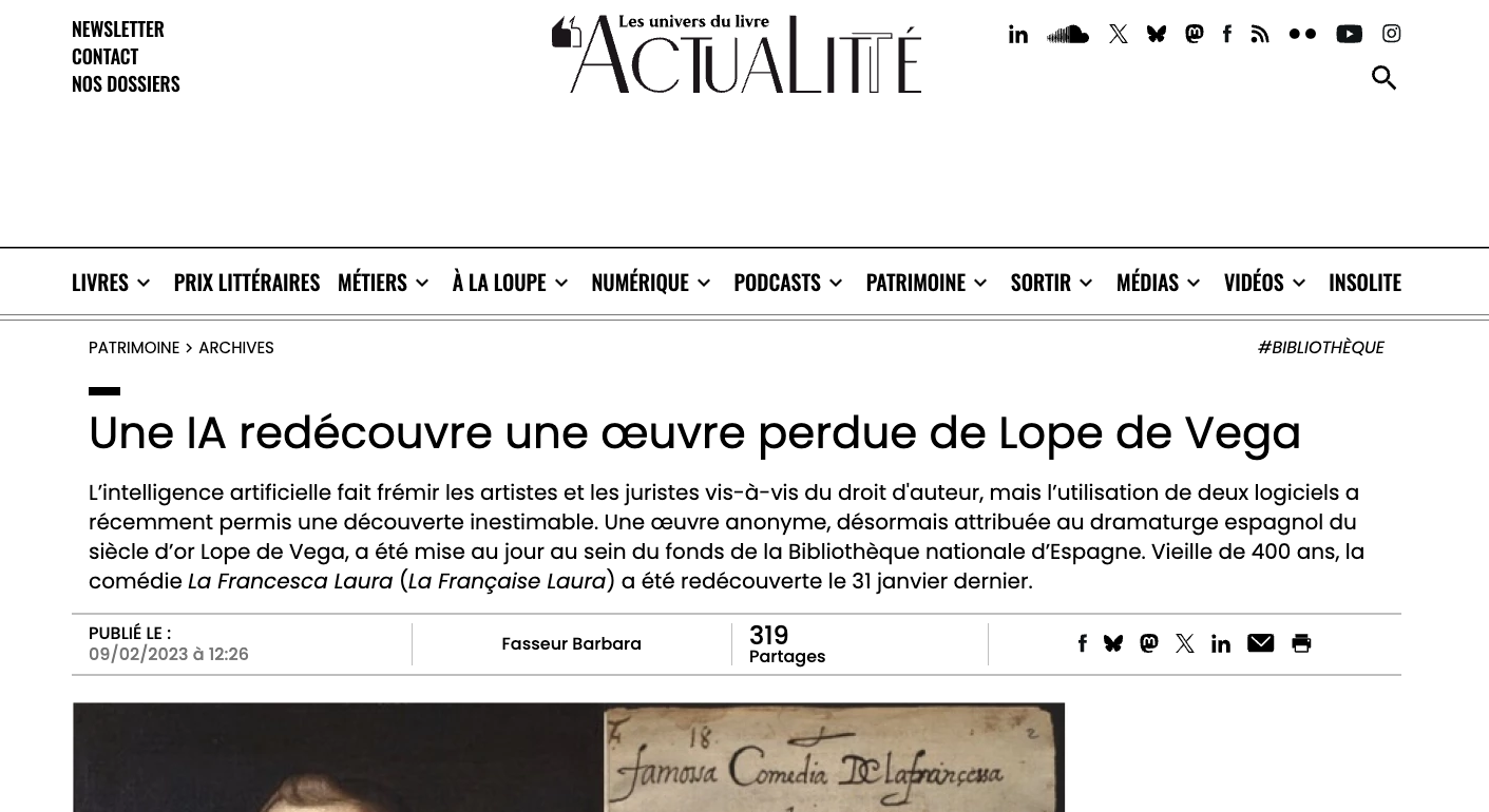 An AI Rediscovers a Lost Work by Lope de Vega