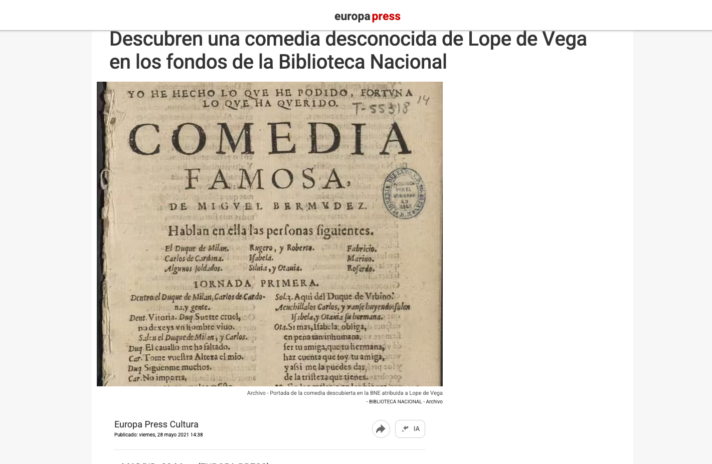 An Unknown Comedy by Lope de Vega Discovered in the Collections of the National Library