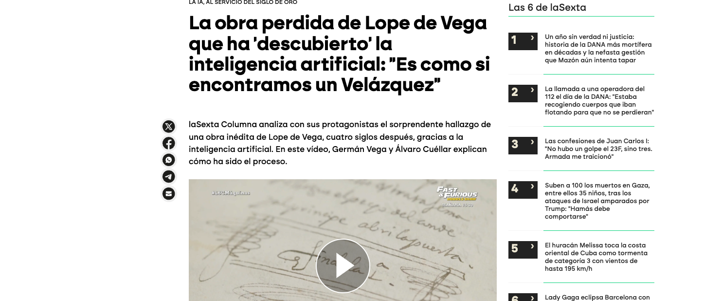 The Lost Play by Lope de Vega Discovered Through Artificial Intelligence: 'It’s Like Finding a Velázquez'