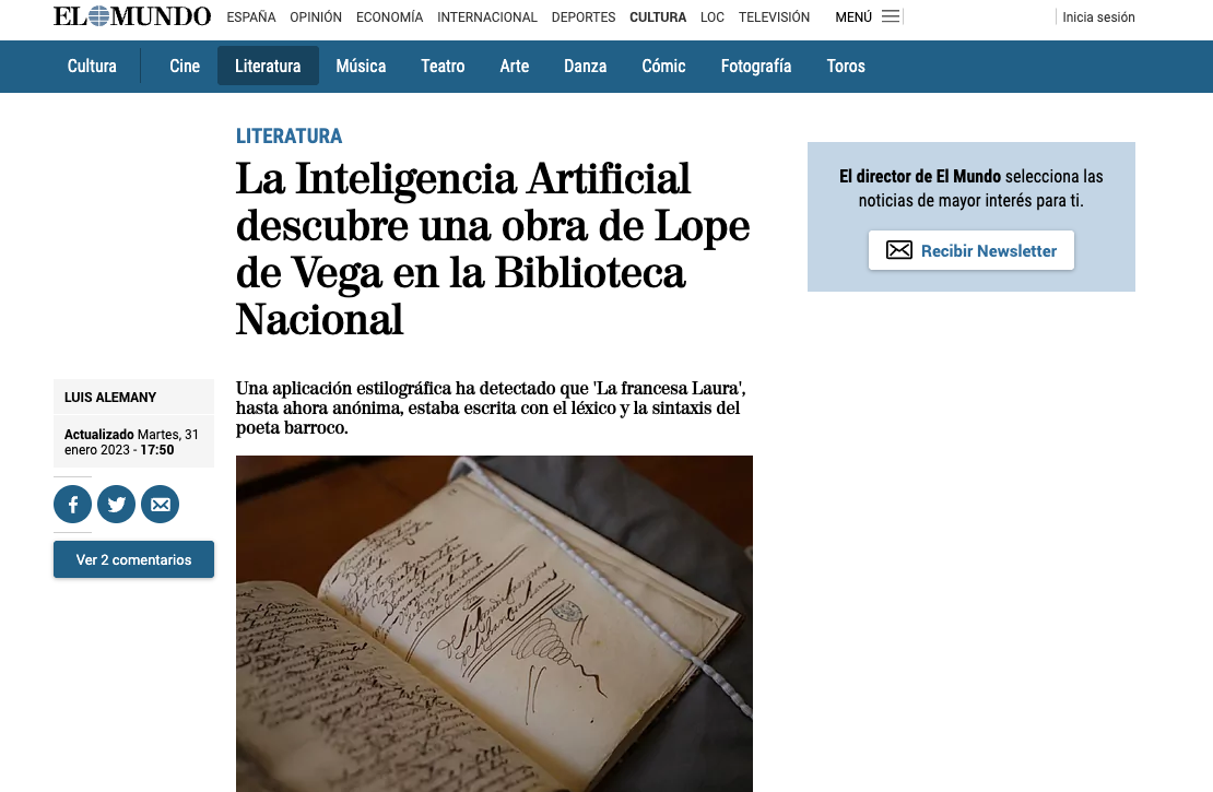 Artificial Intelligence Discovers a Lope de Vega Play in the National Library