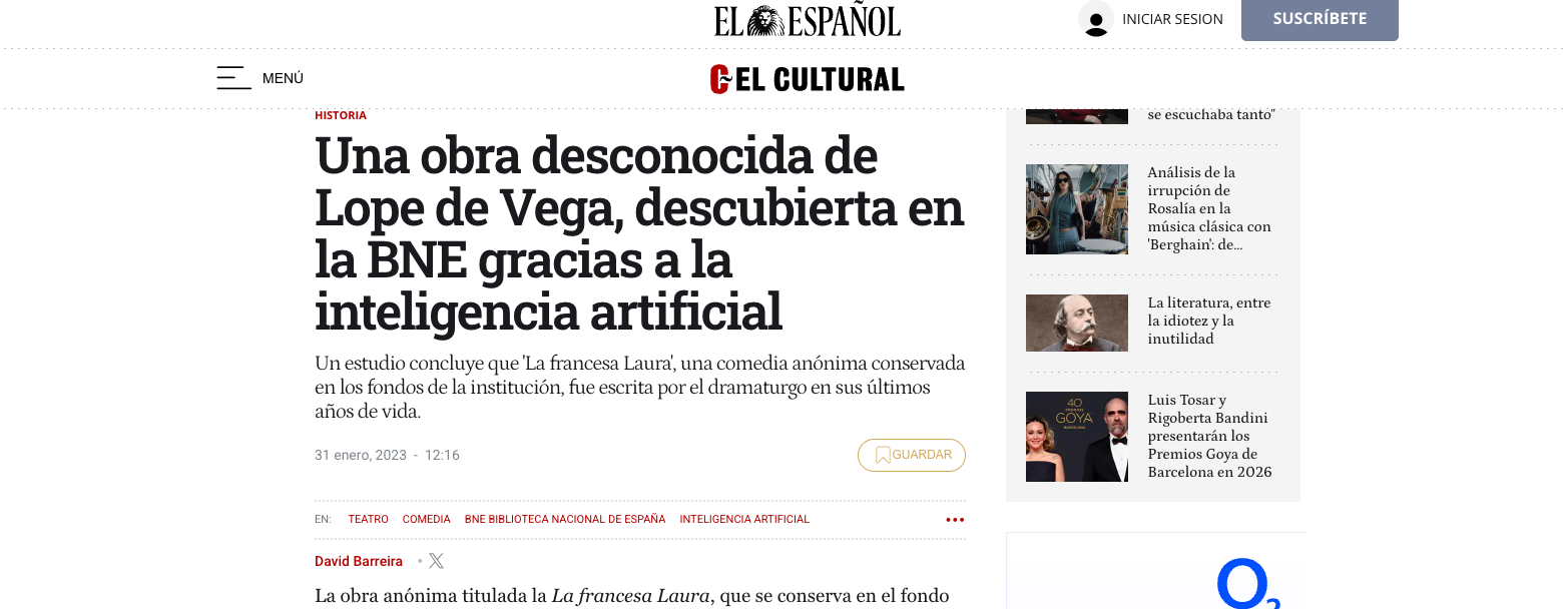 An Unknown Play by Lope de Vega Discovered in the National Library Thanks to Artificial Intelligence