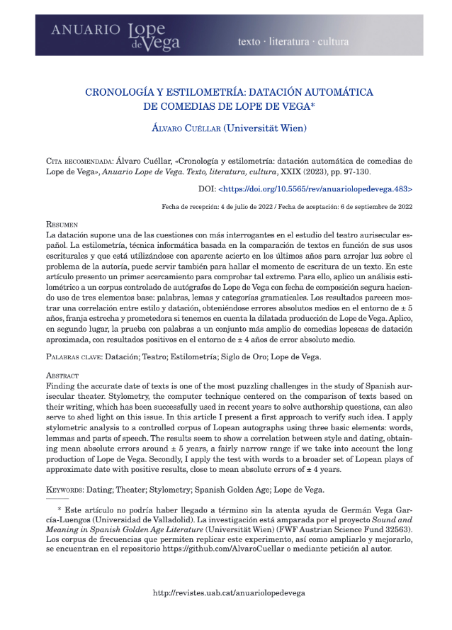 Cronología y estilometría: datación automática de comedias de Lope de Vega