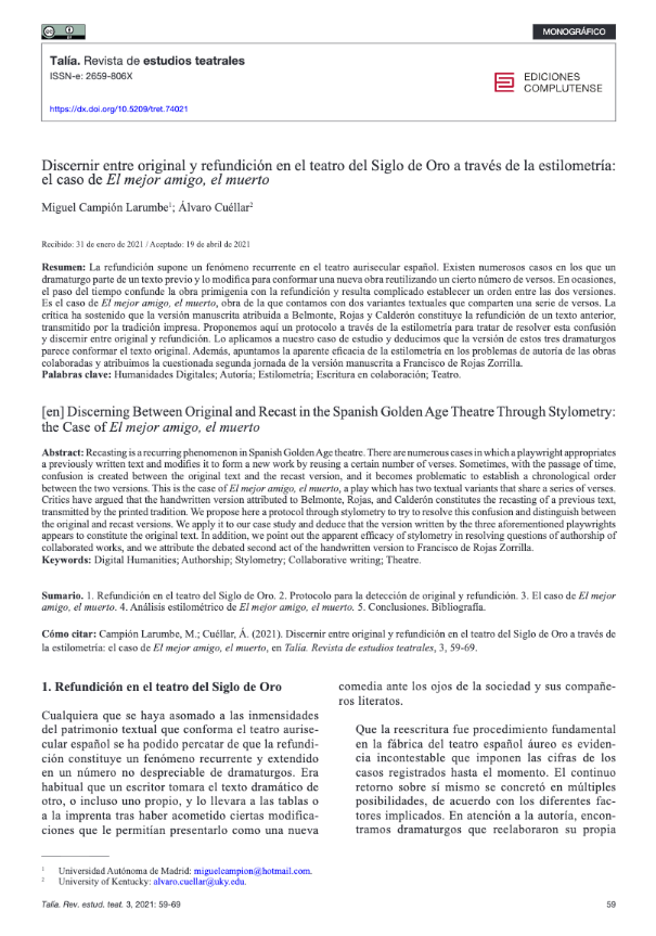 Discernir entre original y refundición en el teatro del Siglo de Oro a través de la estilometría: el caso de El mejor amigo, el muerto