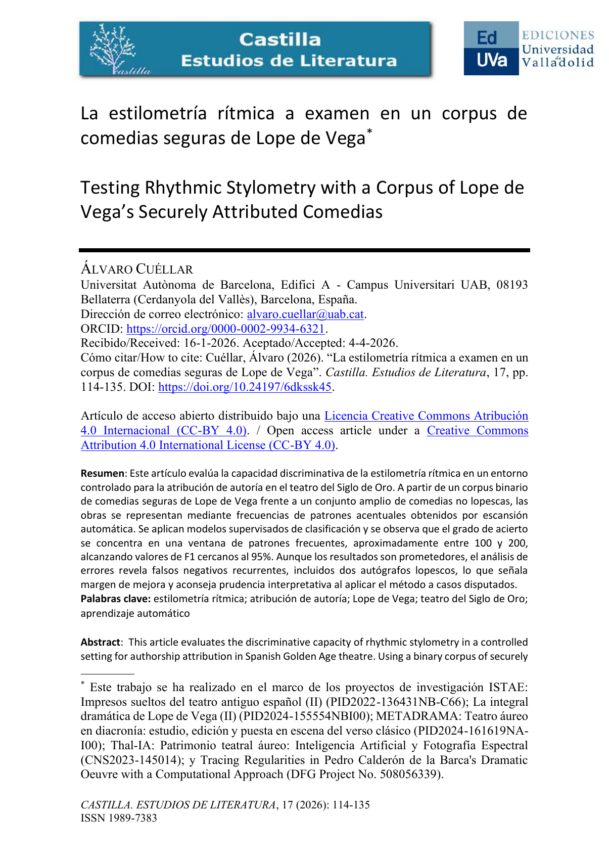 La estilometría rítmica a examen en un corpus de comedias seguras de Lope de Vega