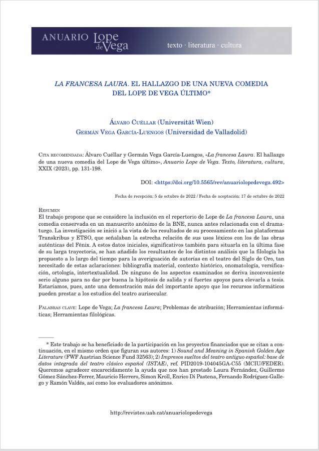 «La francesa Laura». El hallazgo de una nueva comedia del Lope de Vega último