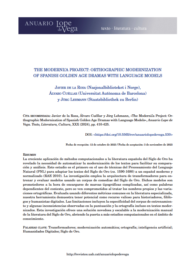 The Moderniſa Project: orthographic modernization of Spanish golden age dramas with language models