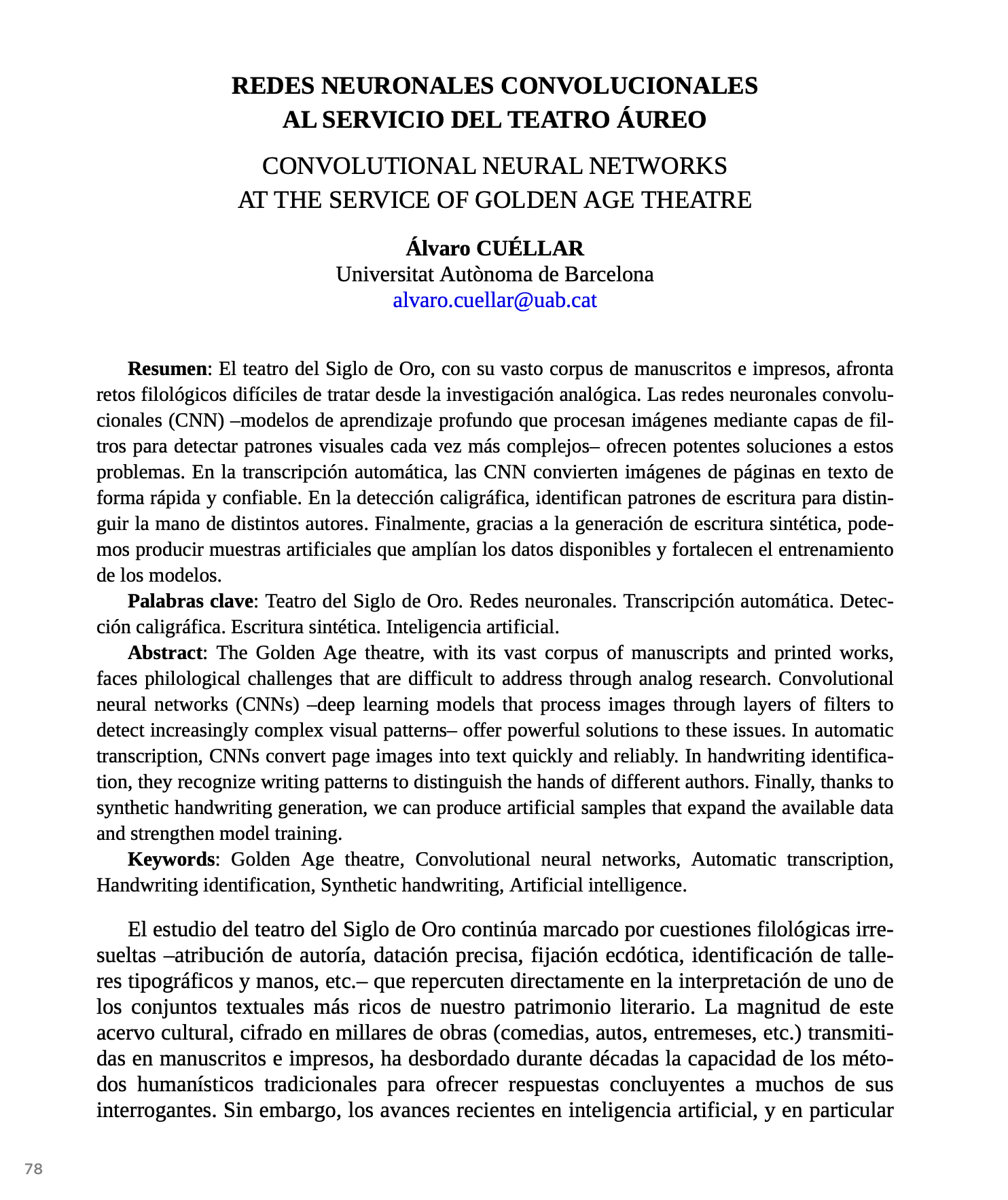 Redes neuronales convolucionales al servicio del teatro áureo