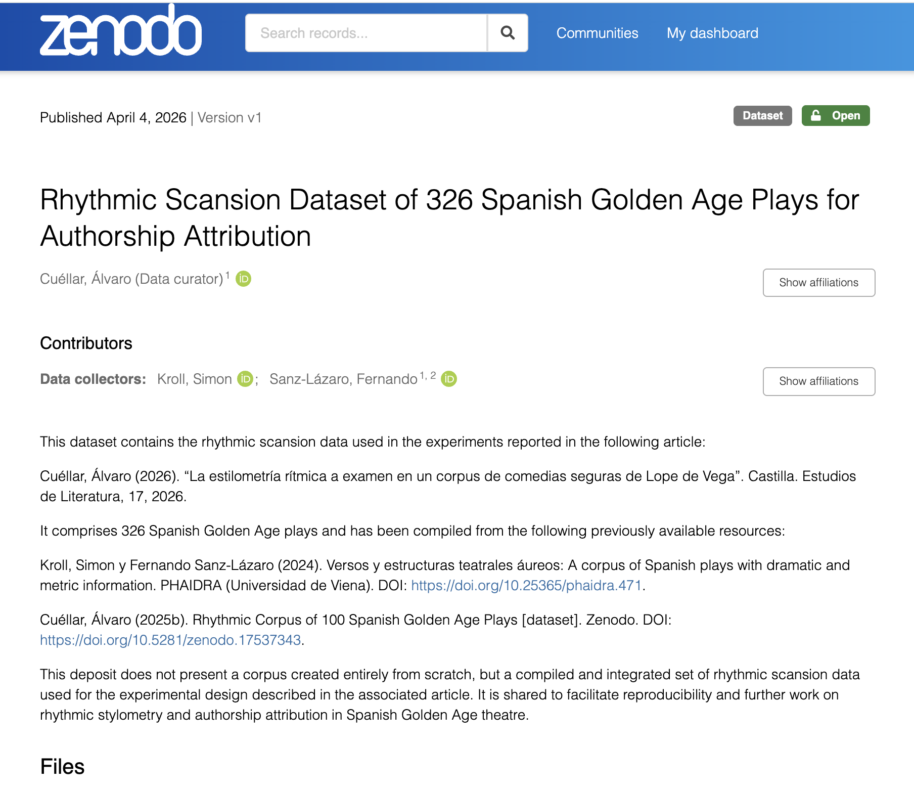 Rhythmic Scansion Dataset of 326 Spanish Golden Age Plays for Authorship Attribution