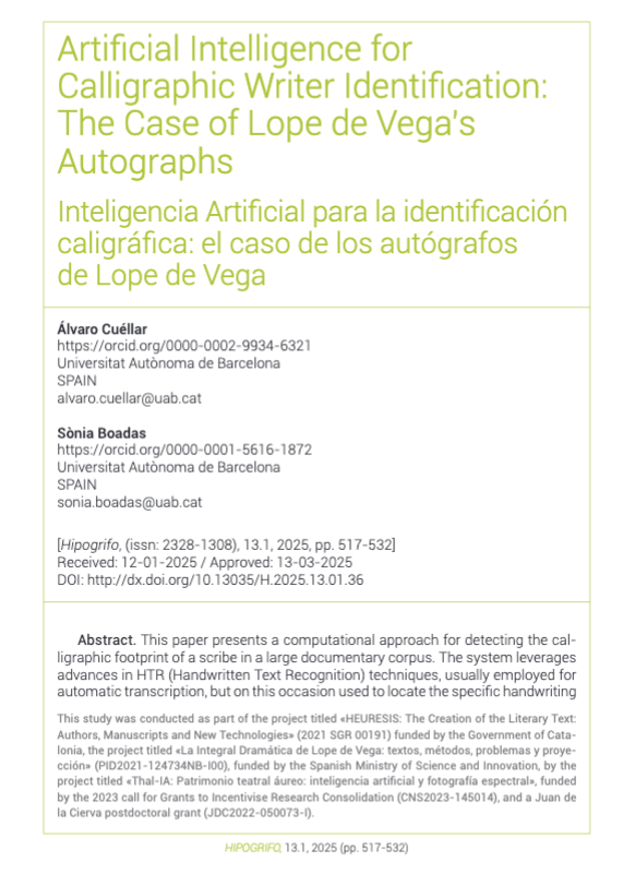Artificial Intelligence for Calligraphic Writer Identification: The Case of Lope de Vega’s Autographs